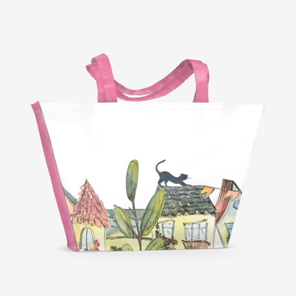 Пляжная сумка «Милые европейские домики с котами. Акварель, графика.»