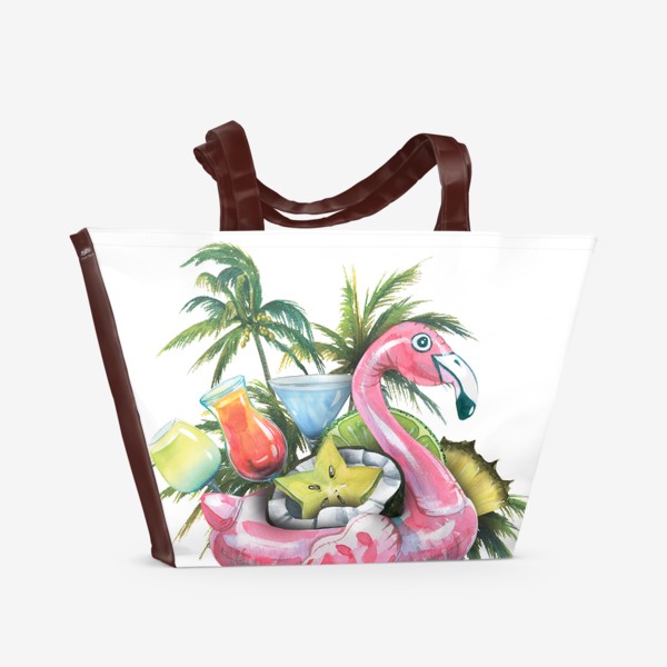 Пляжная сумка «Надувной розовый фламинго, пляжный бар, фрукты, коктейли, пальмы. Акварель.»