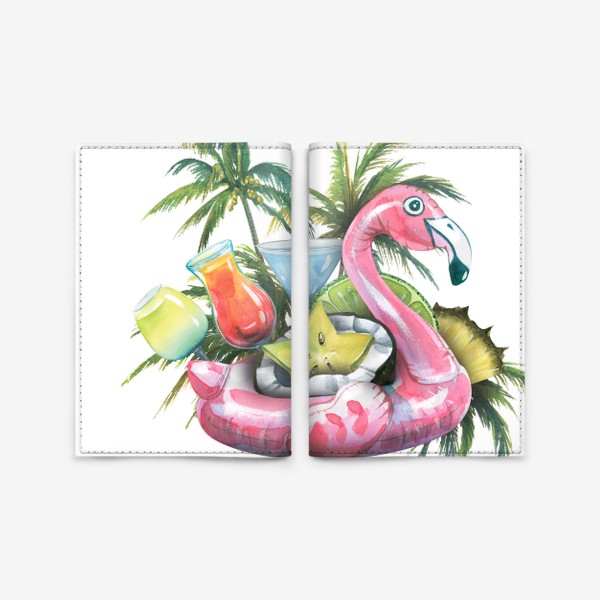Обложка для паспорта «Надувной розовый фламинго, пляжный бар, фрукты, коктейли, пальмы. Акварель.»