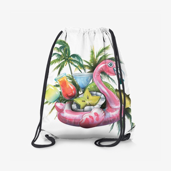 Рюкзак «Надувной розовый фламинго, пляжный бар, фрукты, коктейли, пальмы. Акварель.»