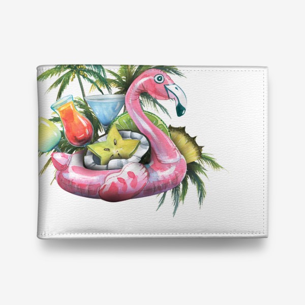 Кошелек «Надувной розовый фламинго, пляжный бар, фрукты, коктейли, пальмы. Акварель.»