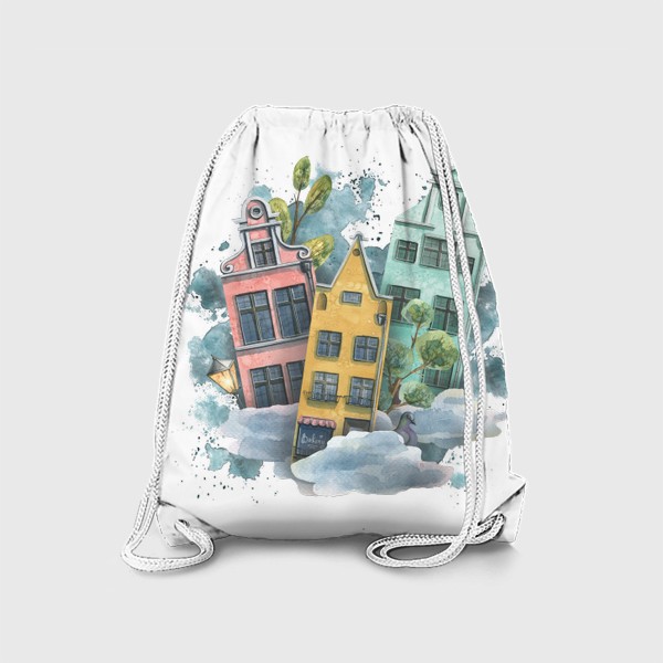 Рюкзак «Милые европейские домики в облаках. Акварель.»