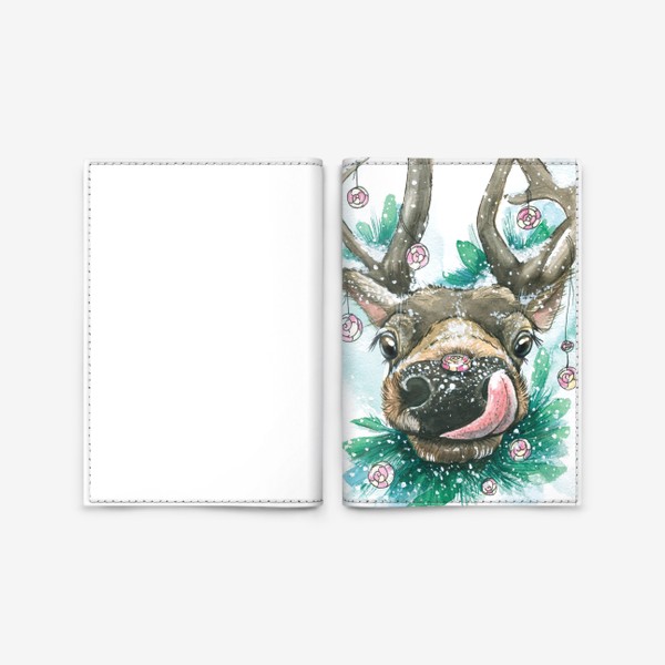 Обложка для паспорта «Милый олень, олененок с конфетами, елками и снегом. Зимний. Акварель.»
