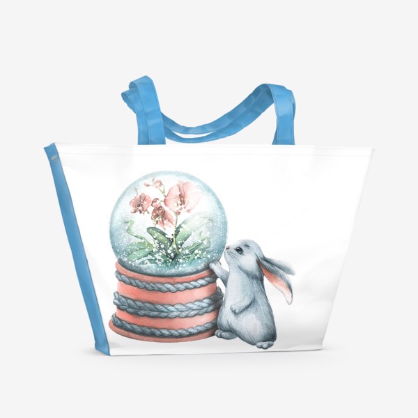 Пляжная сумка &laquo;Стеклянный снежный шар  и серый зайчик. Новогодний, рождественский, зимний. Акварель.&raquo;
