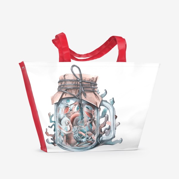 Пляжная сумка «Стеклянная банка с ракушками и кораллами. Акварель.»
