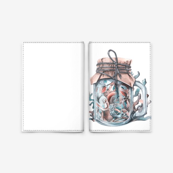 Обложка для паспорта «Стеклянная банка с ракушками и кораллами. Акварель.»