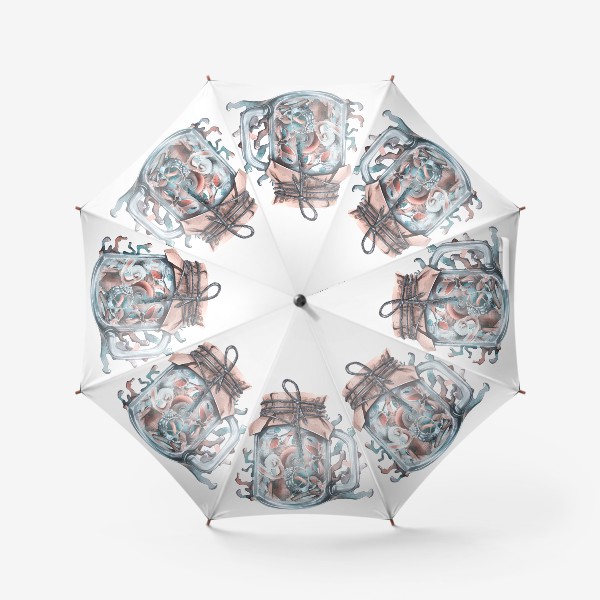 Зонт «Стеклянная банка с ракушками и кораллами. Акварель.»