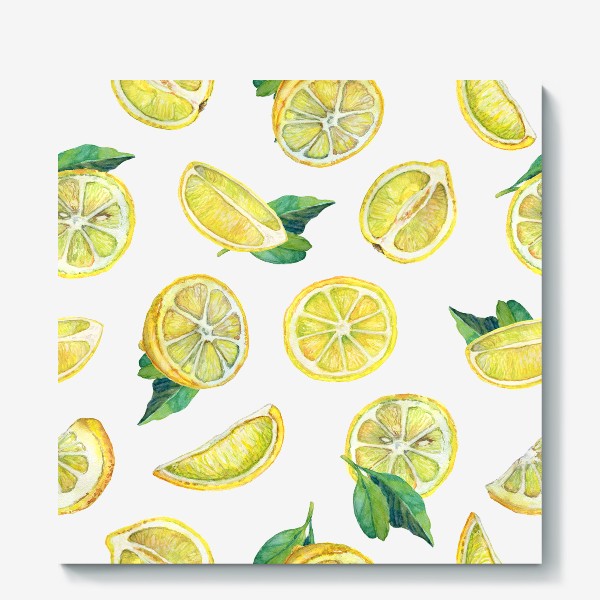 Холст «Лимонные ломтики с листьями. Акварель на бумаге»