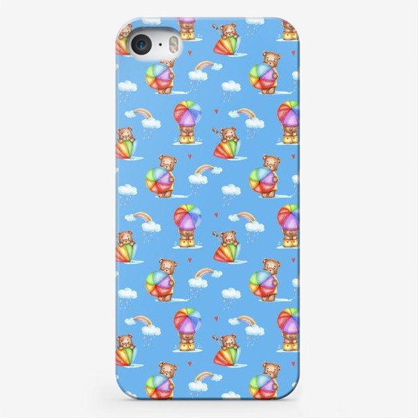 Чехол iPhone «Мишки с зонтиками, радуги и облака. Паттерн на голубом фоне»