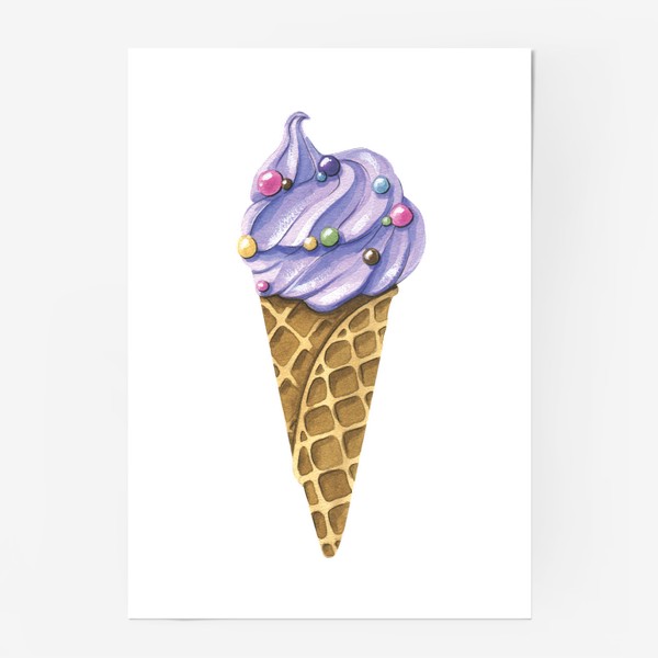 Постер «Мороженое в вафельном рожке лавандовое. акварель.»