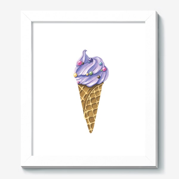 Картина «Мороженое в вафельном рожке лавандовое. акварель.»