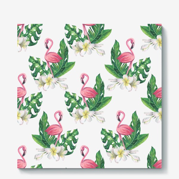 Холст &laquo;Розовый фламинго с тропическими листьями и цветами плюмерии. Акварель.&raquo;