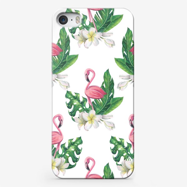 Чехол iPhone &laquo;Розовый фламинго с тропическими листьями и цветами плюмерии. Акварель.&raquo;