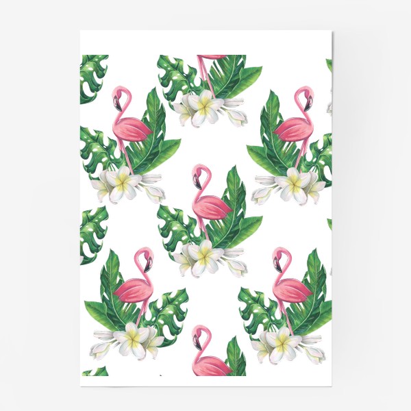 Постер «Розовый фламинго с тропическими листьями и цветами плюмерии. Акварель.»