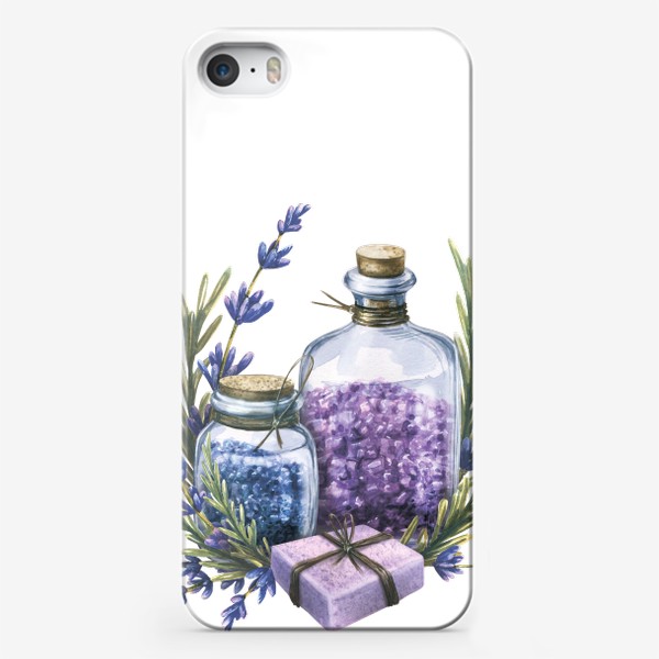 Чехол iPhone «Стеклянные баночки с морской солью и мылом, цветами лаванды. Акварель.»