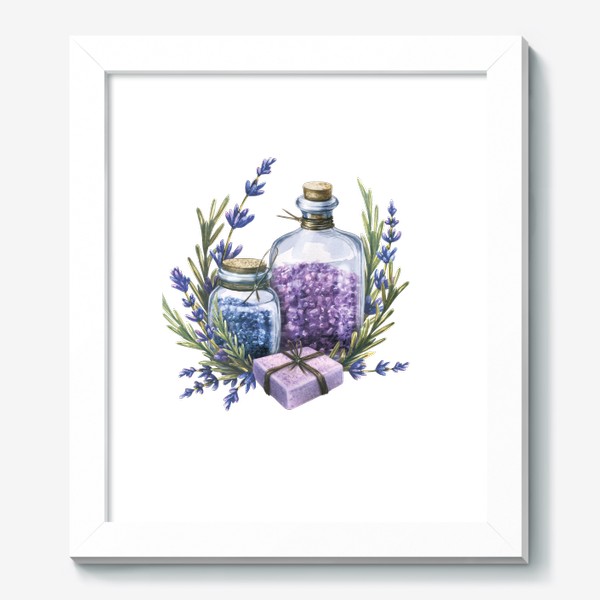 Картина «Стеклянные баночки с морской солью и мылом, цветами лаванды. Акварель.»