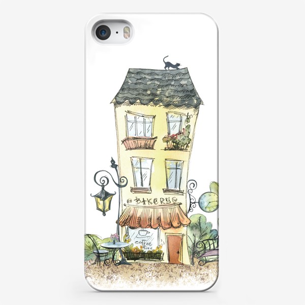 Чехол iPhone «Милый домик с кофейней, Париж, европа. Акварель с графикой.»