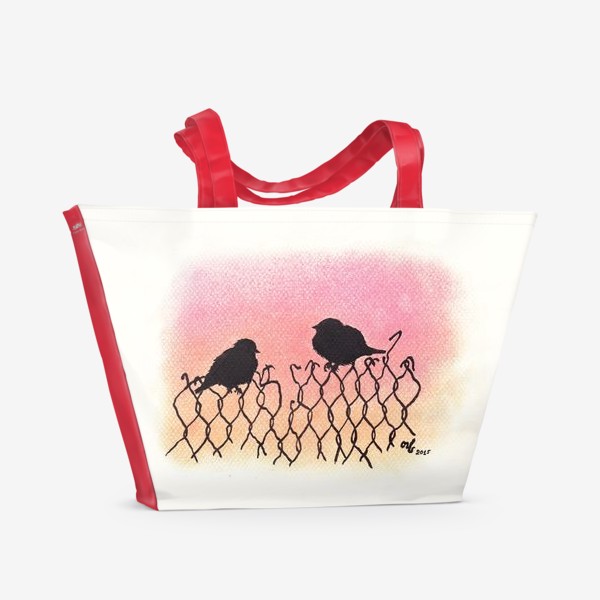 Пляжная сумка «Птицы на рабице на закате»