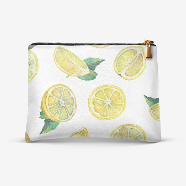 Косметичка «Лимонные ломтики с листьями. Акварель на бумаге»