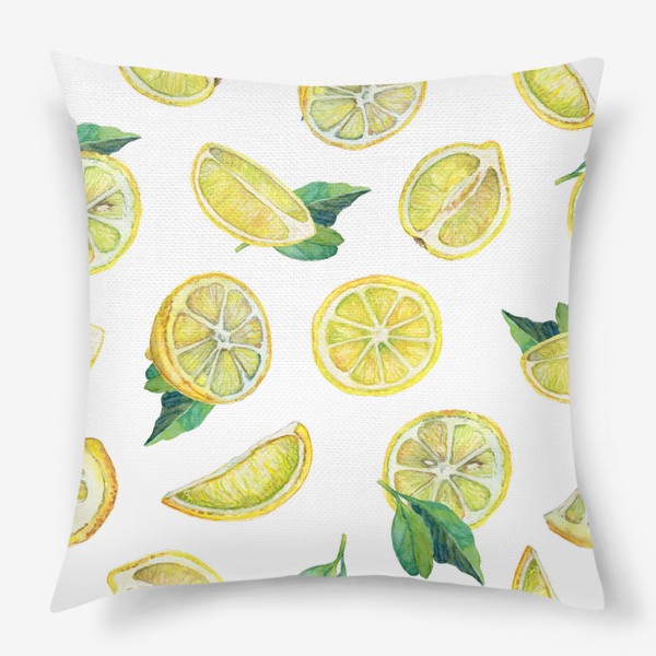 Подушка «Лимонные ломтики с листьями. Акварель на бумаге»