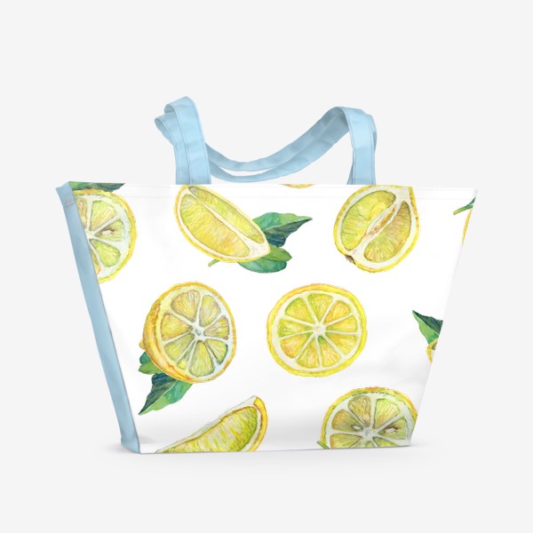 Пляжная сумка &laquo;Лимонные ломтики с листьями. Акварель на бумаге&raquo;