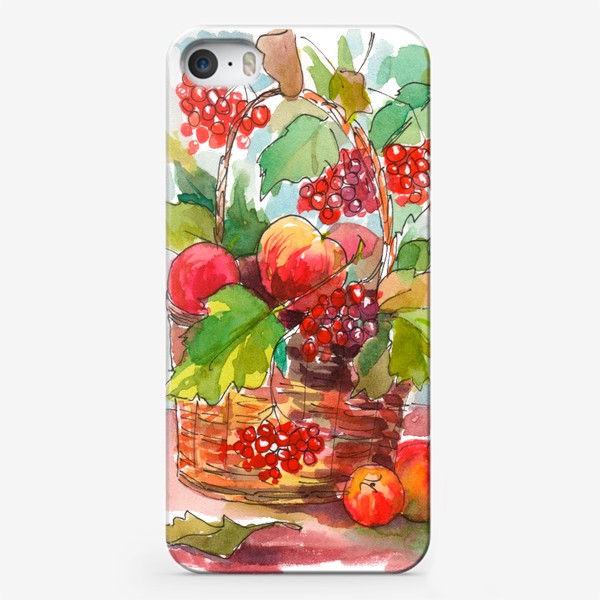 Чехол iPhone «Яблоки и калина в корзине. Осенний акварельный натюрморт»