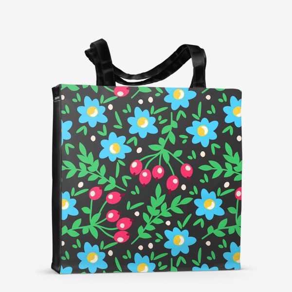 Сумка-шоппер «Голубые цветы и розовые ягоды. Цветочный лесной дизайн.»