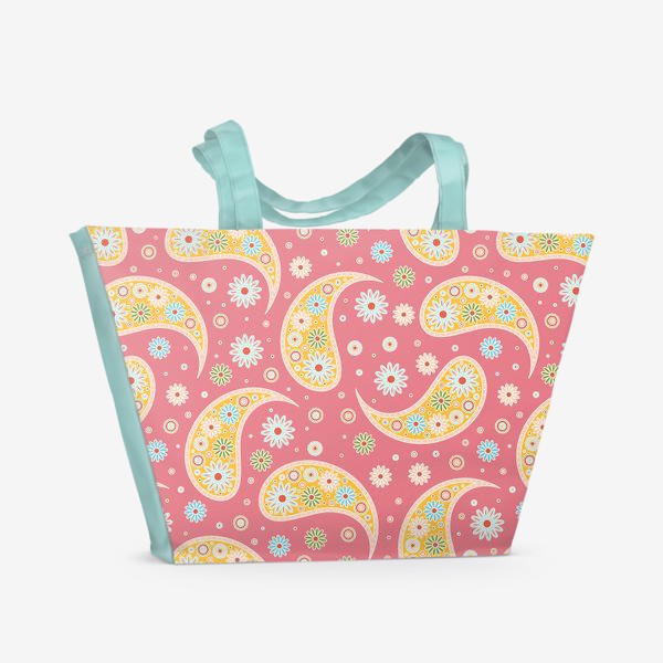 Пляжная сумка «Узор пейсли на розовом фоне. Индийский огурец с простым цветочным мотивом.»