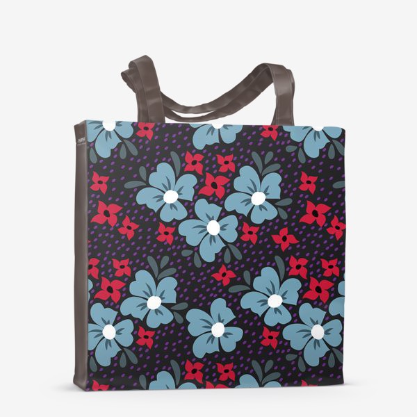 Сумка-шоппер «Синие и красные небрежные цветы. Темный цветочный дизайн.»