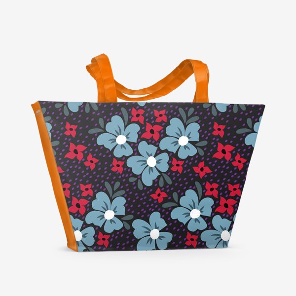 Пляжная сумка &laquo;Синие и красные небрежные цветы. Темный цветочный дизайн.&raquo;