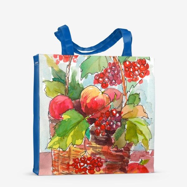 Сумка-шоппер «Яблоки и калина в корзине. Осенний акварельный натюрморт»