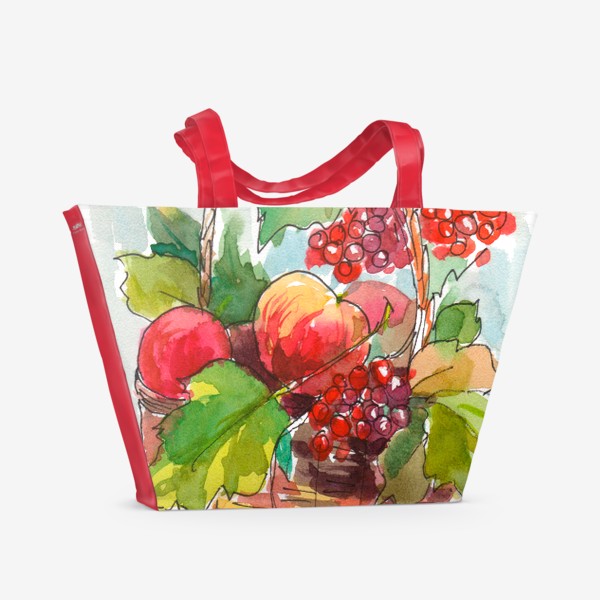 Пляжная сумка «Яблоки и калина в корзине. Осенний акварельный натюрморт»