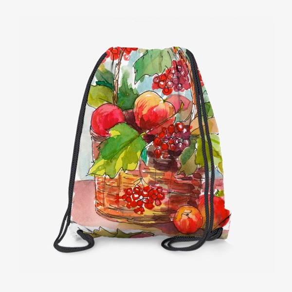 Рюкзак «Яблоки и калина в корзине. Осенний акварельный натюрморт»