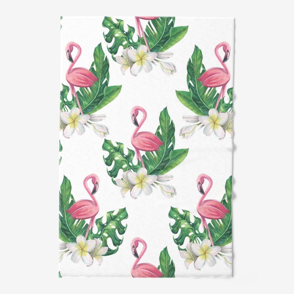 Полотенце &laquo;Розовый фламинго с тропическими листьями и цветами плюмерии. Акварель.&raquo;