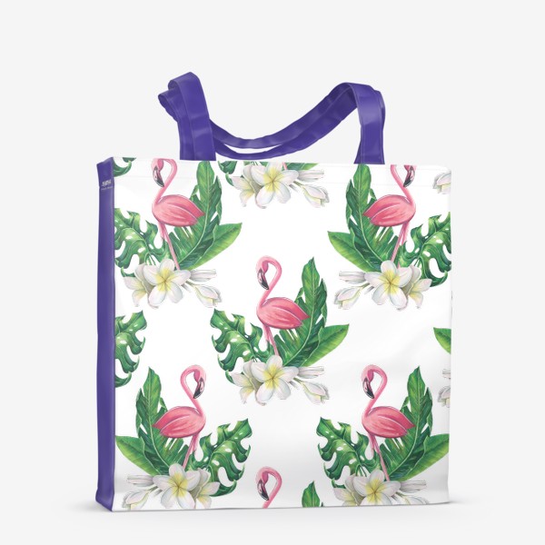 Сумка-шоппер «Розовый фламинго с тропическими листьями и цветами плюмерии. Акварель.»