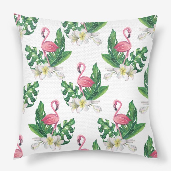Подушка «Розовый фламинго с тропическими листьями и цветами плюмерии. Акварель.»