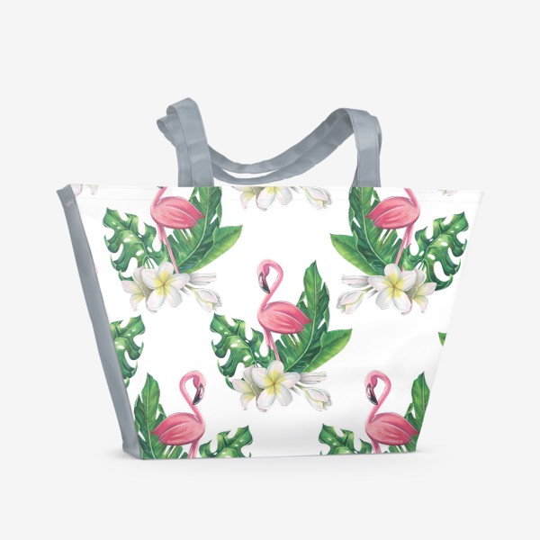 Пляжная сумка «Розовый фламинго с тропическими листьями и цветами плюмерии. Акварель.»