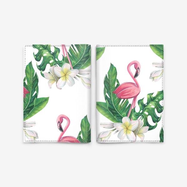 Обложка для паспорта «Розовый фламинго с тропическими листьями и цветами плюмерии. Акварель.»