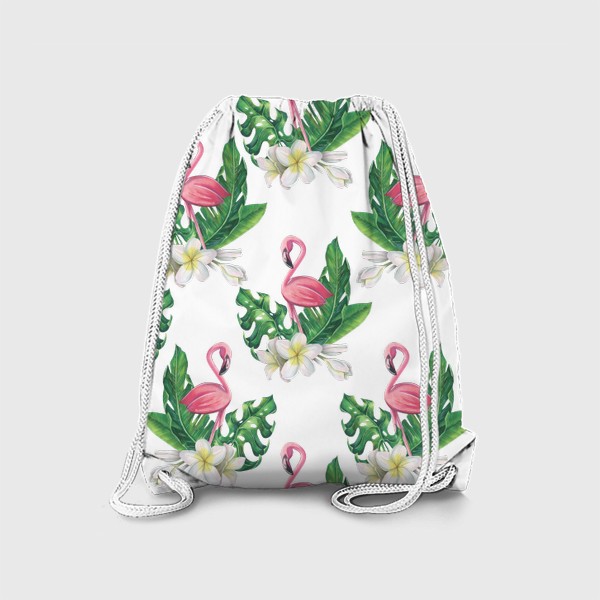 Рюкзак «Розовый фламинго с тропическими листьями и цветами плюмерии. Акварель.»