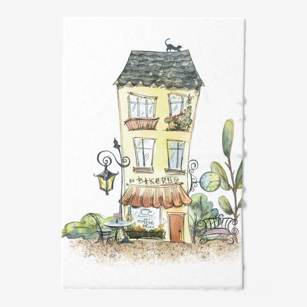 Полотенце «Милый домик с кофейней, Париж, европа. Акварель с графикой.»