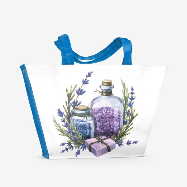 Пляжная сумка &laquo;Стеклянные баночки с морской солью и мылом, цветами лаванды. Акварель.&raquo;