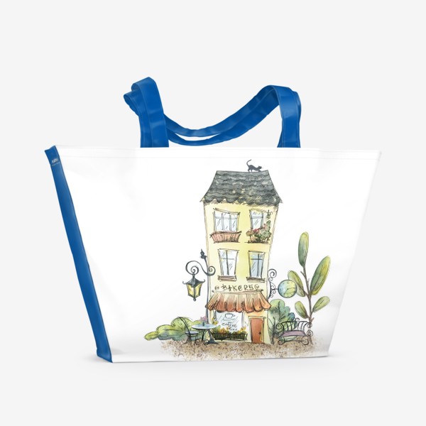 Пляжная сумка «Милый домик с кофейней, Париж, европа. Акварель с графикой.»
