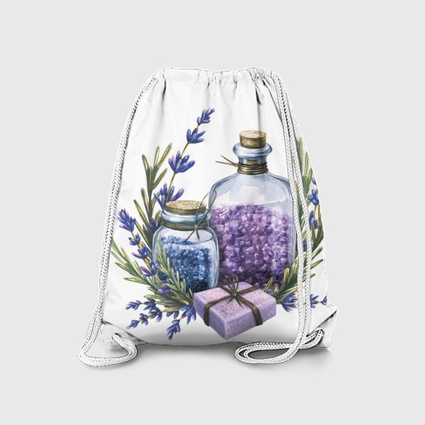 Рюкзак «Стеклянные баночки с морской солью и мылом, цветами лаванды. Акварель.»
