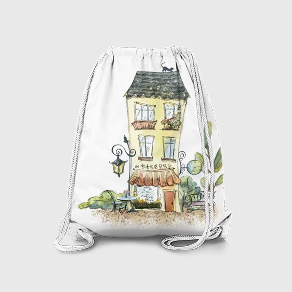 Рюкзак «Милый домик с кофейней, Париж, европа. Акварель с графикой.»