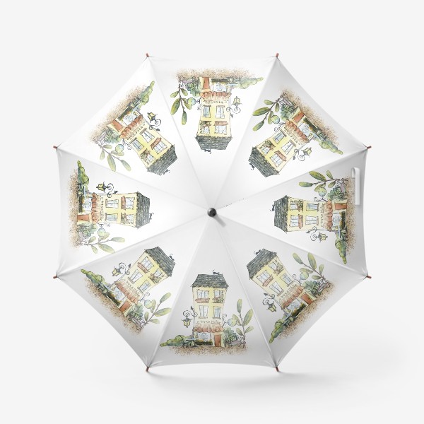 Зонт «Милый домик с кофейней, Париж, европа. Акварель с графикой.»
