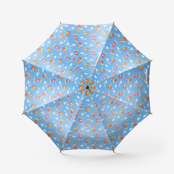 Зонт &laquo;Мишки с зонтиками, радуги и облака. Паттерн на голубом фоне&raquo;