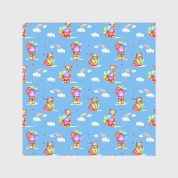 Скатерть «Мишки с зонтиками, радуги и облака. Паттерн на голубом фоне»