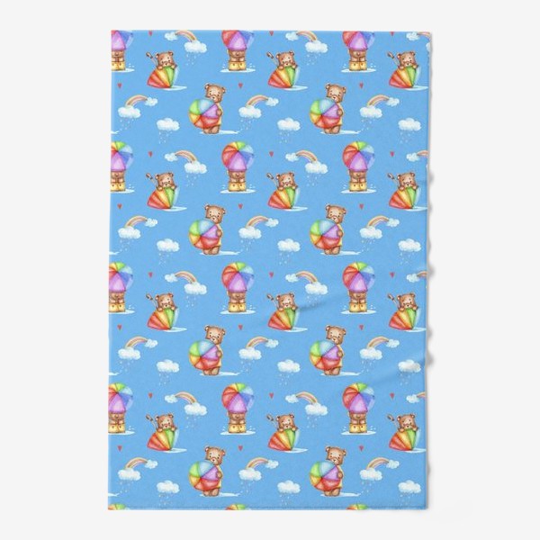 Полотенце «Мишки с зонтиками, радуги и облака. Паттерн на голубом фоне»