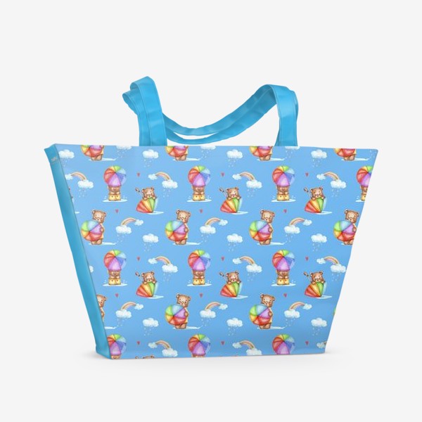 Пляжная сумка &laquo;Мишки с зонтиками, радуги и облака. Паттерн на голубом фоне&raquo;