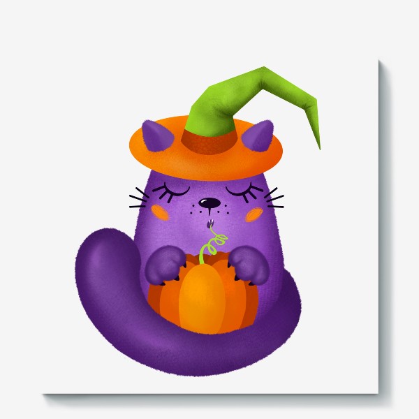 Холст «Кот в колодочкой шляпе с тыквой на Хеллоуин »